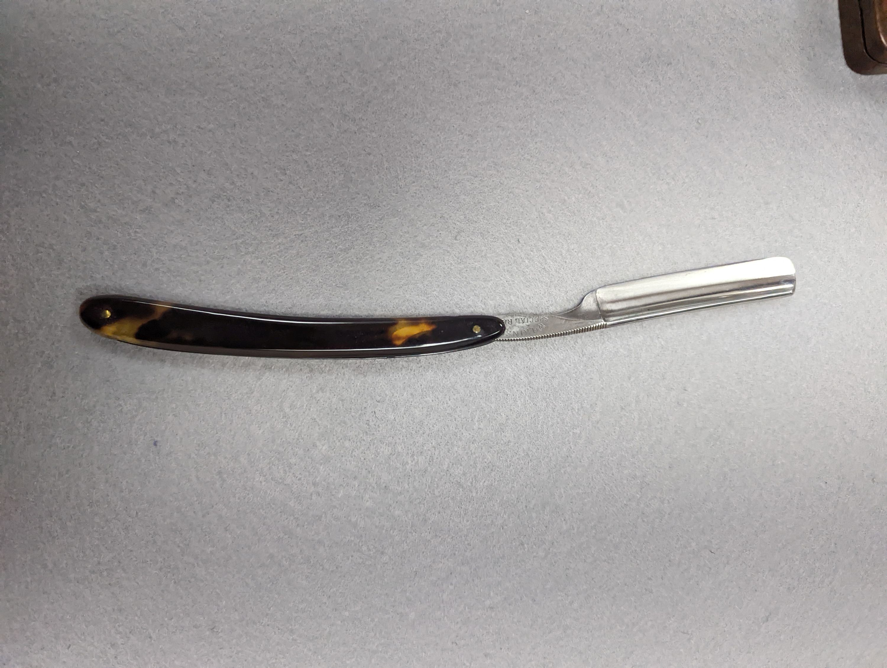 A set of seven tortoiseshell handled cut throat razors for the days of the week Wilkinson and a cased pair of tortoiseshell handled razors, C&W Higginbottom